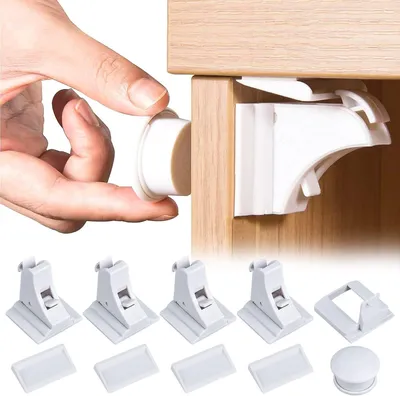 Productafbeelding van 4 stuks kinderbeveiligingskast + 1 magnetische kinderbeveiliging sleutel - Babyveiligheid magnetisch kastslot