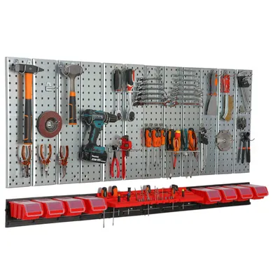 Produktbild von Werkzeugwand 156x72 cm Metall Lagersystem mit Werkzeughaltern Werkzeughaken und 8 Stapelboxen 100 x 150 x 70 mm Farbe: rot Lochbrett Werkstatt Garage Steckbrett Elektrowerkzeuge Lochwand