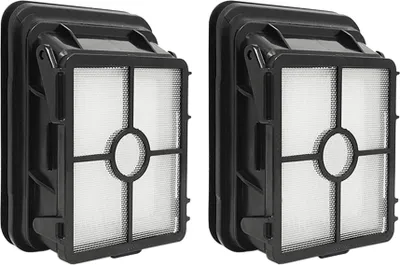 Two black and white vacuum cleaner filters are shown against a white background.