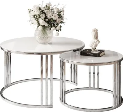 Produktbild von LORI GLASS 2in1 runder Couchtisch silber Chrom / Weißes Glass