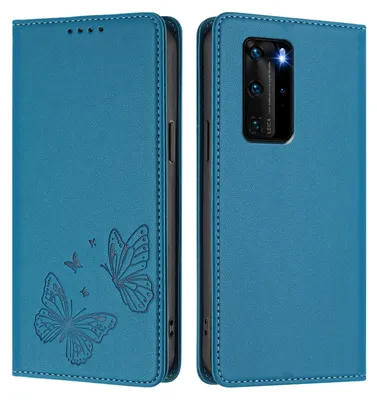Produktbild von Lederhülle für Huawei P40 Pro, Schmetterling Prägung Leder Brieftasche Schutzhülle mit Ständer Blau