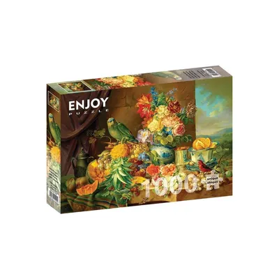Obrázok produktu pre Puzzle 1000 dielov Enjoy – Josef Schuster: Zátišie s ovocím, kvetmi a papagájom