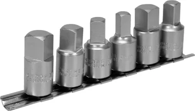 A set of six hex bit sockets on a metal rail.