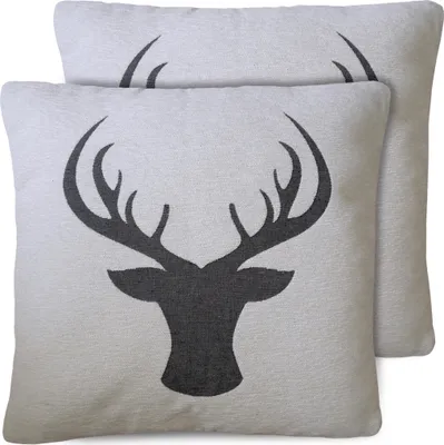 Produktbild von 2er Set Kissenhüllen 45x45 cm beige mit Hirsch grau als Weihnachtsdeko