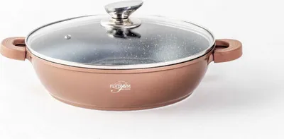 Produktbild von WOK Servierpfanne Schmorpfanne/ Niedrigtopf/ Servierpfanne Kochtopf Induktion Ø28cm Aluguss Topf Pfanne Silikon-Griffe Copper
