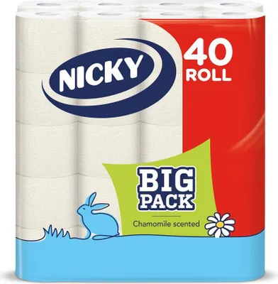 Obrázek produktu pro Toaletní papír v konvenční roli Nicky, heřmánkový, 3 vr., celulóza, 12,6 m, 40 ks
