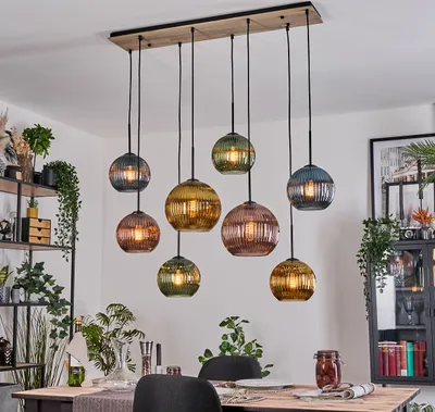 Produktbild von Cesaro Hängelampe Metall/Holz/Riffelglas, Schwarz/Natur/Grün/Blau/Kupfer/Gold