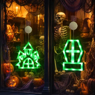 Produktbild von Halloween Deko Fensterlichter, 2er Pack mit Schloss, Grabstein, LED Fensterdekoration, Grün, Batteriebetrieben, Dauerlicht, Party Deko Lichter