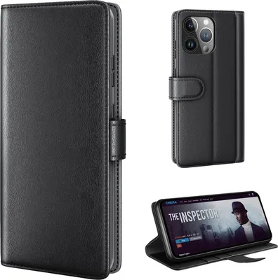 Produktbild von Echtleder Handyhülle für Apple iPhone 15 Pro Lederhülle Cover Case Tasche Klapphülle Fliphülle Leder Hülle Farbe: Schwarz