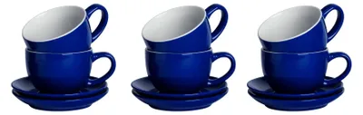 Produktbild von Argon Ta 12-teiliges Set aus farbigen Cappuccinotassen und Untertassen – 250 ml – Marineblau – Robuste Teetasse aus Steingut, spülmaschinen- und mikrowellengeeignet