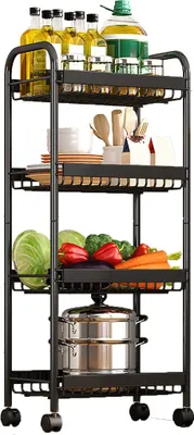 A black metal kitchen cart filled with various items.