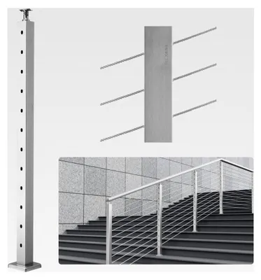 Produktbild von Kabelgeländerpfosten 106,68x5,08x5,08cm mit 30° abgewinkelten Löchern und 12 vorgebohrten Löchern aus SUS304 Edelstahl mit gebogener Halterung in Silber