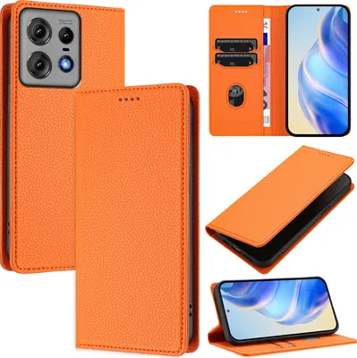 Immagine prodotto di Custodia in pelle per Motorola Edge 50 Pro, pelle Litschi, custodia a portafoglio con slot per carte e supporto Arancione