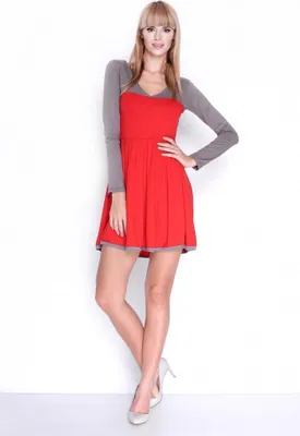 Produktbild von Damen Kleid Dress Glockenschnitt Skaterkleid Langarm Minikleid 2 farbig;S/M Cappuccino/Rot