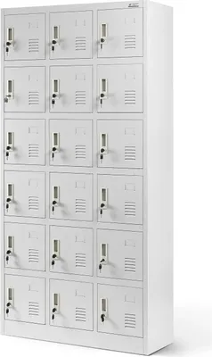 A tall, white metal locker unit with 18 compartments, arranged in a 3x6 grid.