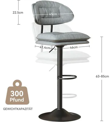Obrázok produktu pre Sada dvoch barových stoličiek, svetlosivá farba, čalúnené sedadlo a operadlo, výškovo nastaviteľné, otočné o 360°