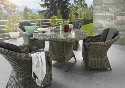 Produktbild von Destiny Sitzgruppe MALAGA LUNA 4 Sessel + Tisch Ø100x75 cm, vintage grau