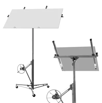 Obrázek produktu pro Zvedák na sádrokartonové desky pro stěny/stropy, nosnost 68 kg, rozsah 140-335 cm, skládací, 3 brzdová kola, úhel sklonu 60°. Barva: šedá
