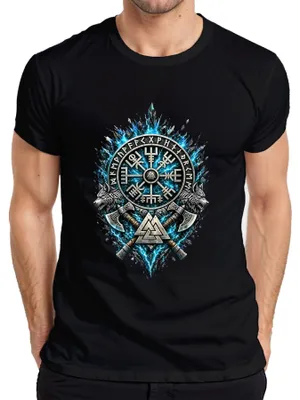 Productafbeelding van Vegvisir Viking Wolf Bijl Valknut Runen Noords Valhalla Odin Heren T-shirt, Zwart, XXL