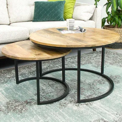 Produktbild von 2er Set Couchtisch Mangoholz rund Metall Mango Satztische Sofatisch schwarz