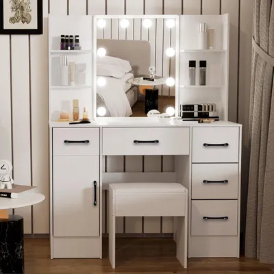 Productafbeelding van Make-uptafel met LED Spiegel Wit 5 Laden Hout Kaptafel voor de Slaapkamer