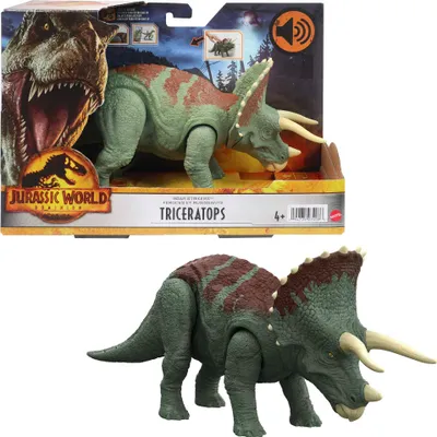 Produktbild von Jurassic World Triceratops Roars and Blows, Spielzeug-Dinosaurier mit Bewegungen und Geräuschen, für Kinder +4 Jahre (Mattel HDX34) MATTEL