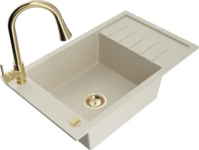 Image de Mexen Elias évier en granit 1 bac avec égouttoir et mélangeur Elia, Beige - 6511-69-670101-50