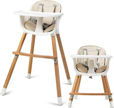 Image de Chaise haute pour bébé - Chaise haute 2 en 1 en bois - Plateau réglable - Repose-pieds - Pour bébés et jeunes enfants - Blanc