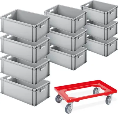 Produktbild von 10x Eurobehälter, LxBxH 600 x 400 x 220 mm + GRATIS: 1 Transportroller