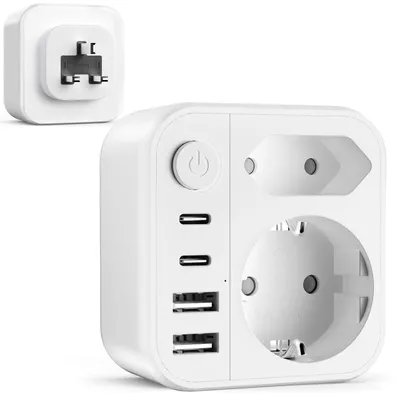 Image de Adaptateur 6 en 1, compatible avec les prises du Royaume-Uni, de l'Allemagne, avec 2 ports USB et 2 ports de type-C, idéal pour les voyages