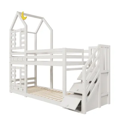 Produktbild von Flieks Etagenbett 90x200cm mit Stauraumtreppe, Kinderbett mit Rausfallschutz und Lattenrost, Hochbett für 2 Kinder, Hausbett Stockbett, Weiß