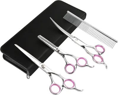 Produktbild von Pet Cat Dog Grooming Scissors Set 4 Stück Edelstahl Professional Pet Trimmer Kit - 7,5 Zoll gerade Schere, Ausdünnung Schere, gebogene Schere, Grooming Kämme