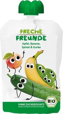 MUS JABŁKO - BANAN - SZPINAK - OGÓREK BEZ DODATKU CUKRÓW BEZGLUTENOWY OD 6 MIESIĄCA BIO 100 g - FRECHE FREUNDE