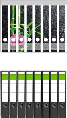 Produktbild von Wallario 8 Stück schmale Ordner inkl. Klebeetiketten mit Motive Bambus und pinke Orchidee auf schwarzem Glas mit Regentropfen -  Set mit Rückenschildern / Ordnerrücken Stickern