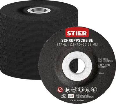 Produktbild von STIER Schruppscheiben, 10 Stück,  GERMANY, Maße 115 x 7,0 x 22,23; Form 27, gekröpfte Ausführung, erhöhte Zerspanungsleistung, lange Lebensdauer, 80 m/s Arbeitsgeschwindigkeit
