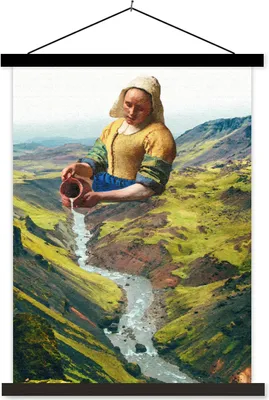 Produktbild von MuchoWow® Textilposter Milchmädchen - Vermeer - Berge 60x80 cm mit schwarzem Rahmen - Plakathalter