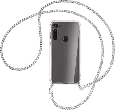 Produktbild von Handykette Backcover-Schutzhülle mit Band (Metall silberfarben) für Motorola Moto G8 - silberfarbene Kette