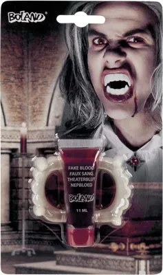 Obrázok produktu pre Upírska súprava "Zuby a umelá krv" | 11 ml - upírske zuby v halloweenskom kostýme