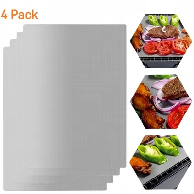 A collage showing a stack of silver grill mats and three hexagonal images of food being grilled on similar mats.