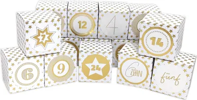 Produktbild von DIY Adventskalender Vorfreude zum Befüllen,Faltschachtelnv gold Sterne 7x7x7cm (gefaltet), XL Ziffern gold/Weihnachten,Aufkleber,Würfelbox,Faltverpackung,Schachteln