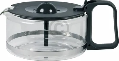 A glass coffee pot with a black lid and handle.