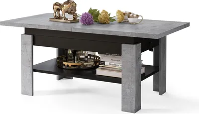 Produktbild von All4All Couchtisch Rino , Kaffeetisch , Wohnzimmertisch mit Ablage , Sofatisch , ausziehbar bis 170cm , höhenverstellbar , 130x65cm , 05 , Beton + Schwarz