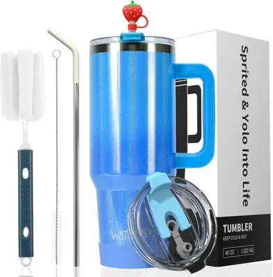 Image de Gobelet isotherme de 891 ml, avec anse et paille, en acier inoxydable, lavable au lave-vaisselle, de couleur bleue, idéal pour la voiture