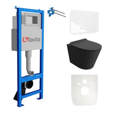 Produktbild von Lavita LAV 101 Vorwandelement für WC 40cm + Wand Hänge Tiefspül WC GALVE Schwarz Spülrandlos + Bedienplatte LAV 200.4.1 Weiß  | Komplettset | Unterputz Spülkasten | Toilette Komplett Sett