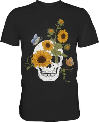 Produktbild von Totenkopf Sonnenblumen Shirt Gärtner Schmetterling Garten Motiv – Black / 4XL