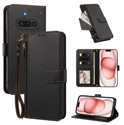 Obrázek produktu pro Peněženkové pouzdro pro Nothing Phone 3A,Polyuretankožené pouzdro s přihrádkami na karty, stojánkem a poutkem na ruku Černá
