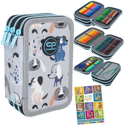 Produktbild von Federtasche 3-fache Federmappe Doggy Hunde Federmäppchen 46-teilig gefüllte Schüleretui Stifte und Pinsel inkl. Aufgabenheft Federbox Etui Stiftetasche Schlamper-Etui Schul-Etui