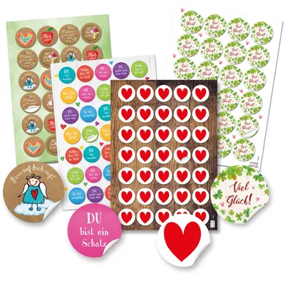 Produktbild von Aufkleber Set - 118 bunte Sticker - Viel Glück - Bleib Gesund - Herzen Sprücheaufkleber