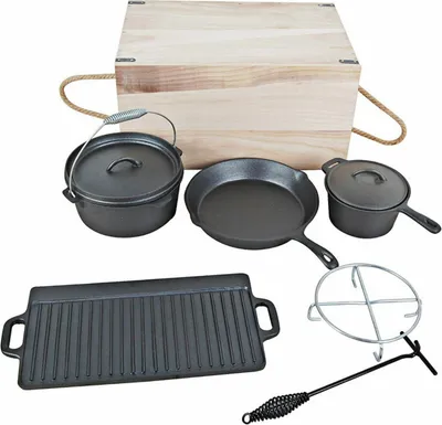 Produktbild von El Fuego Dutch Oven Set, Gusseisen, schwarz, 7-teilig, inkl. Holztruhe und Schürhaken