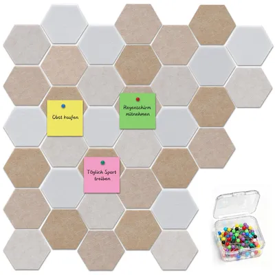 Obrázok produktu pre Korkové hexagonálne štvorce – 36 kusov – samolepiace – s 100 kolíkov – dekorácia na stenu – rozmery 10 x 8,7 x 0,9 cm